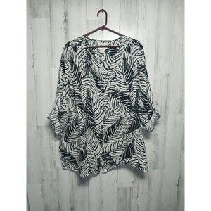 Cynthia Rowley Women Top Tunic Black White Leaves 2X Button Down 100% Linen
